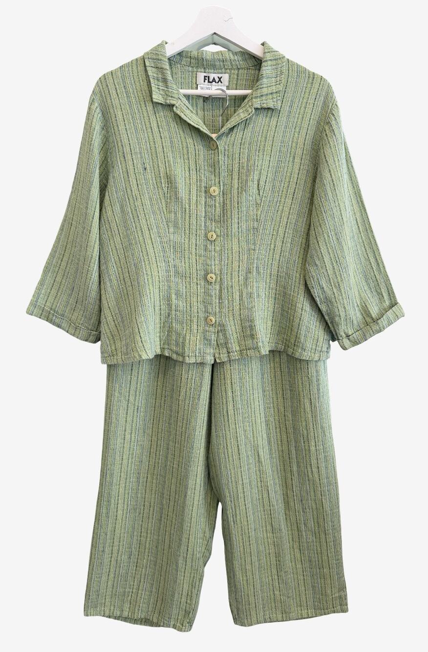FLAX Set Top + Skirt Green Striped Linen Coastal Boho Relaxed Artsy Size Small